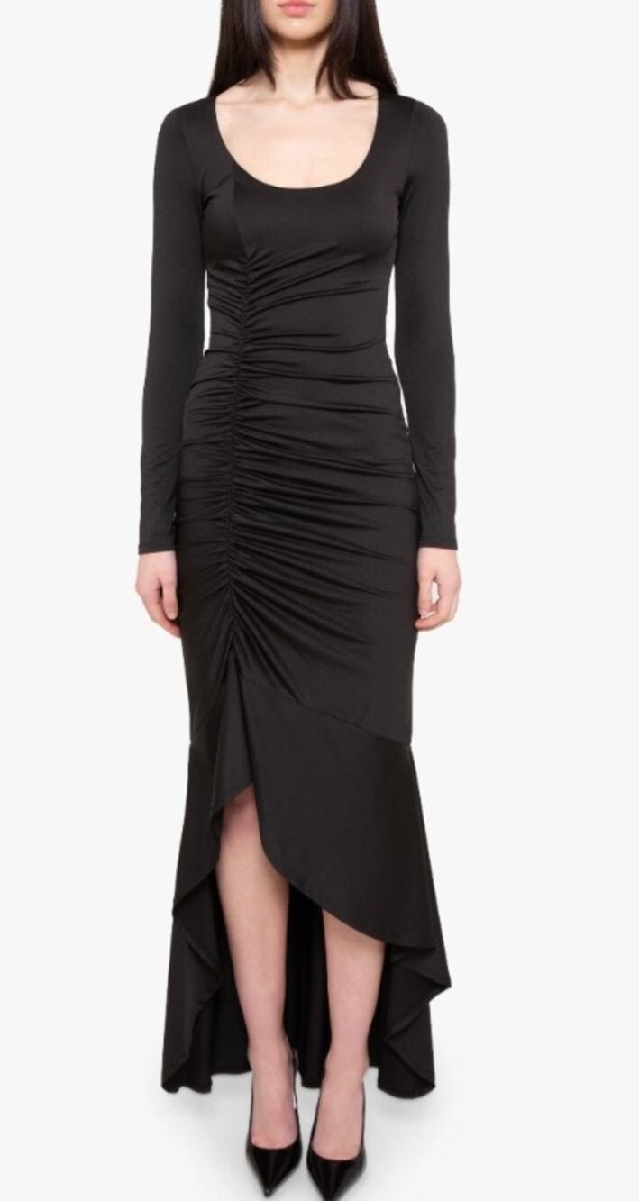NWT Black Halo Atlanta Ruched HighLow Maxi Dress Black Sz 6 Bodycon Evening Gown